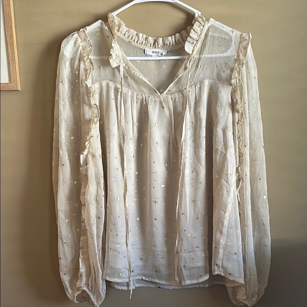 Beautiful Sheer Cream Blouse with Gold Accents